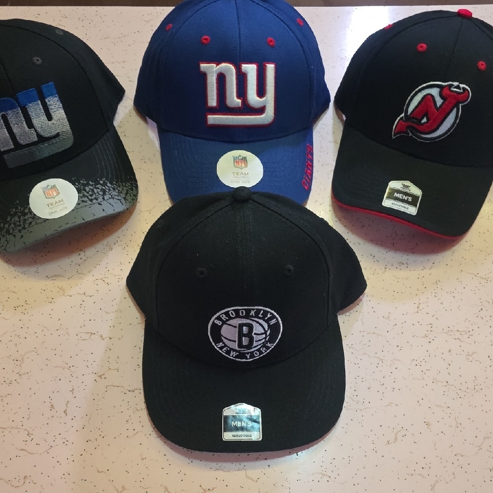 4pc NHL NBA MLB Sports Team Caps - Black, Blue, Red